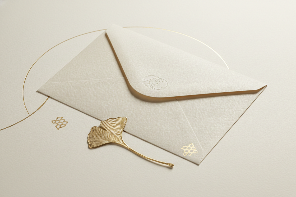 arriere plan blanc cassé, second plan enveloppe elegant et classe, premier plan deco sobre et dorée