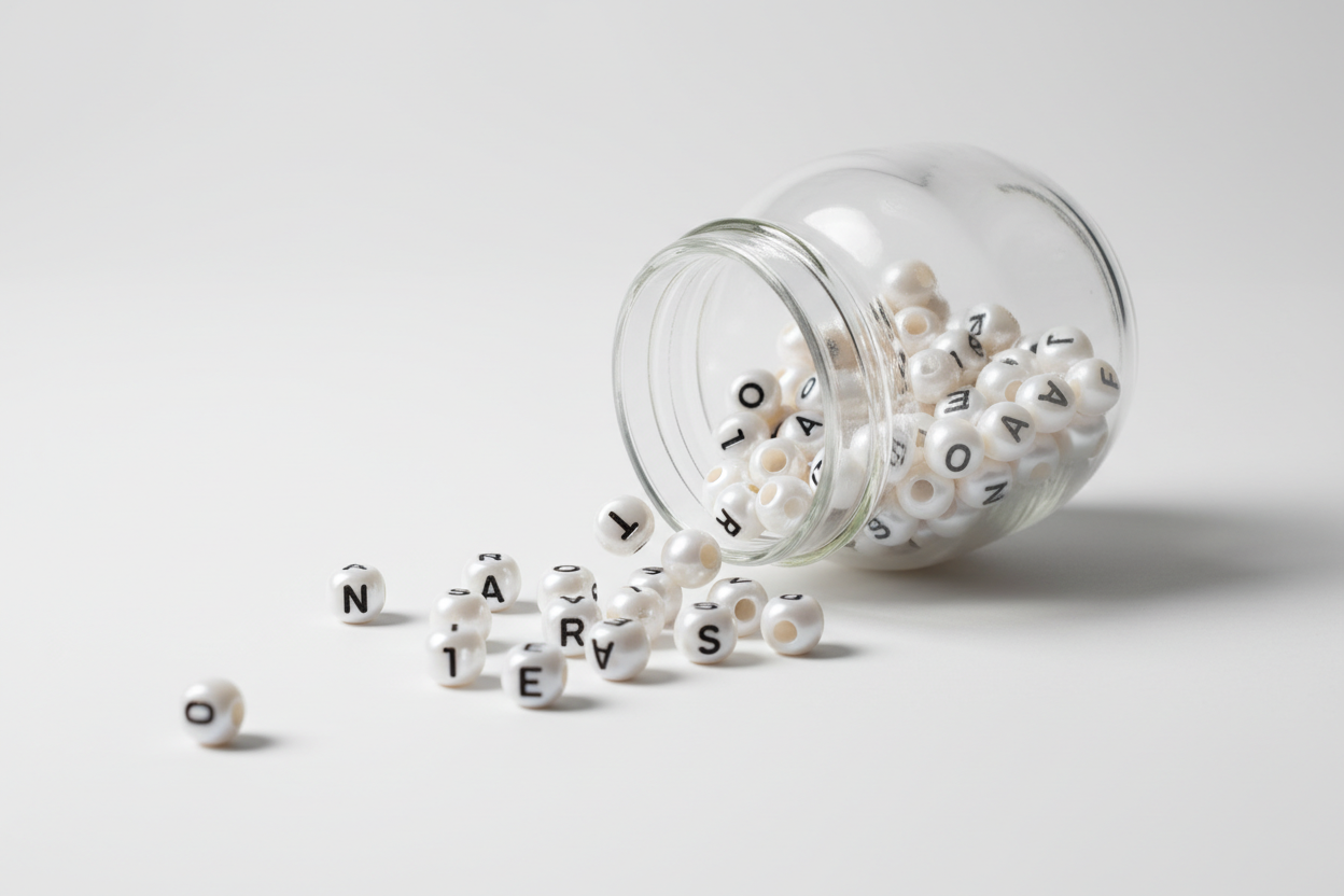 perle blanche petite avec des lettres au milieu qui tombe d'un bocal en verre